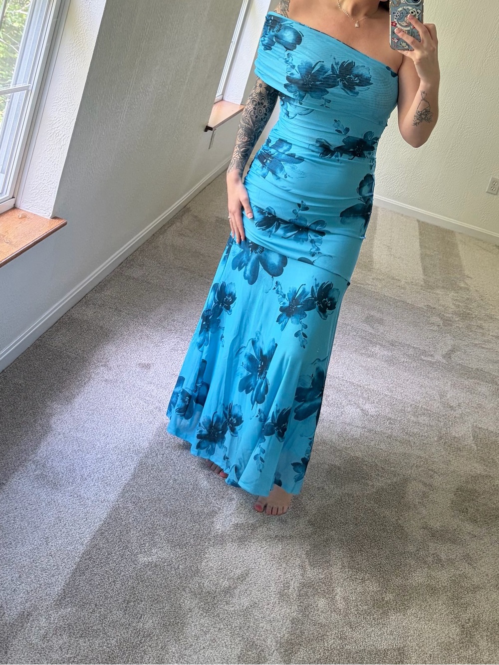 One-Shoulder Turquoise Floral Maxi Dress